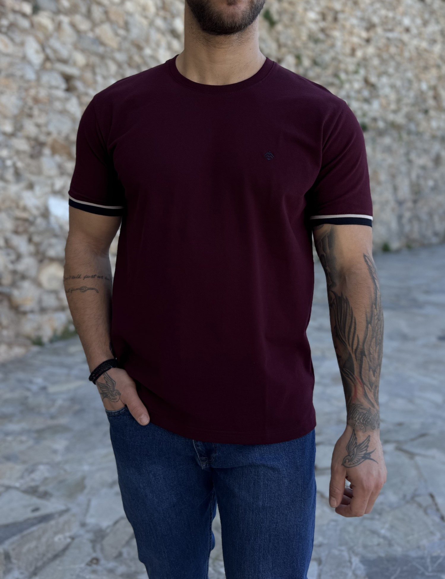 Origin ανδρική μπορντό κοντομάνικη πικέ μπλούζα με λάστιχο στα μανίκια Plus Size 252725B